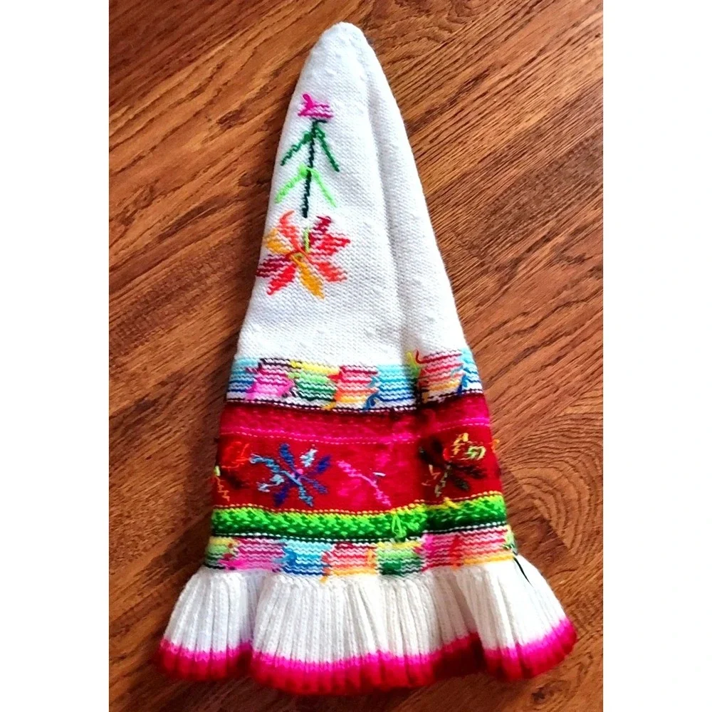 Vintage Traditional Chullo‎ Peruvian Hand-Knitted Hat Geometric Floral Colorful